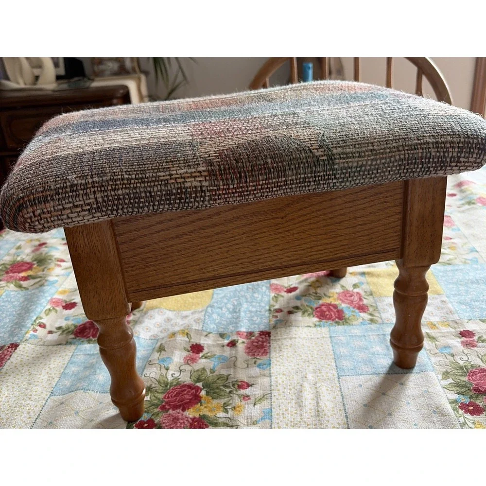 Vintage Wooden Footstool W/Floral Tapestry Upholstered Cushion Storage